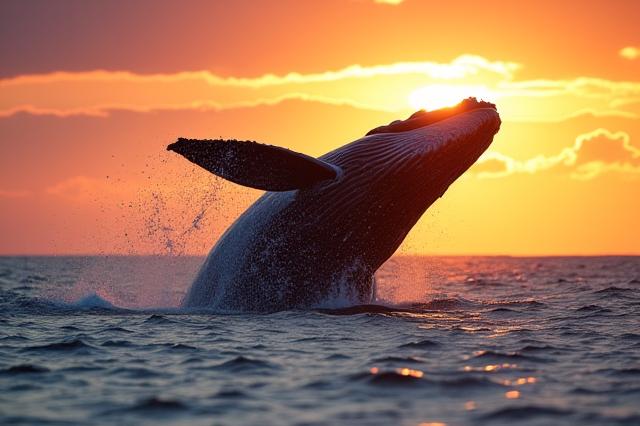 Balena che salta fuori dall'acqua al tramonto