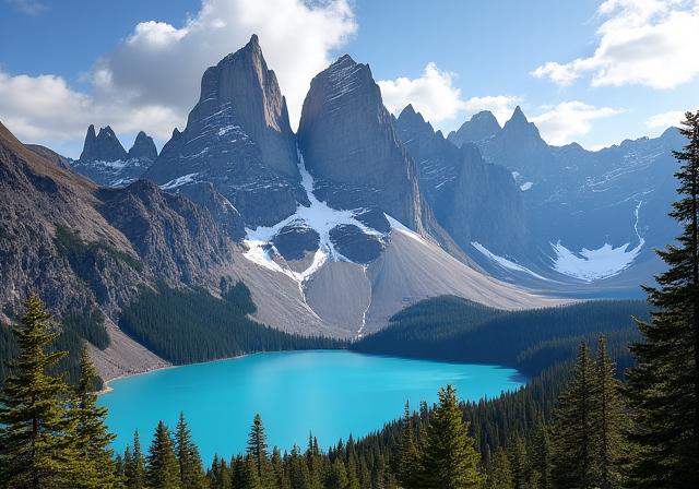 Maestose montagne della Patagonia con un lago in primo piano