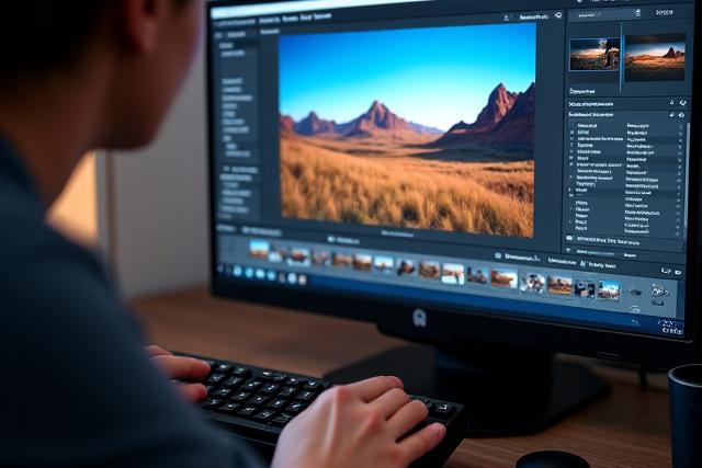 Schermo di computer che mostra software di fotoritocco con immagini di paesaggi